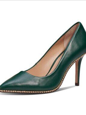 COACH Emerald Green Leather Pointed Stiletto Heels with Studded Trim - NOT suede